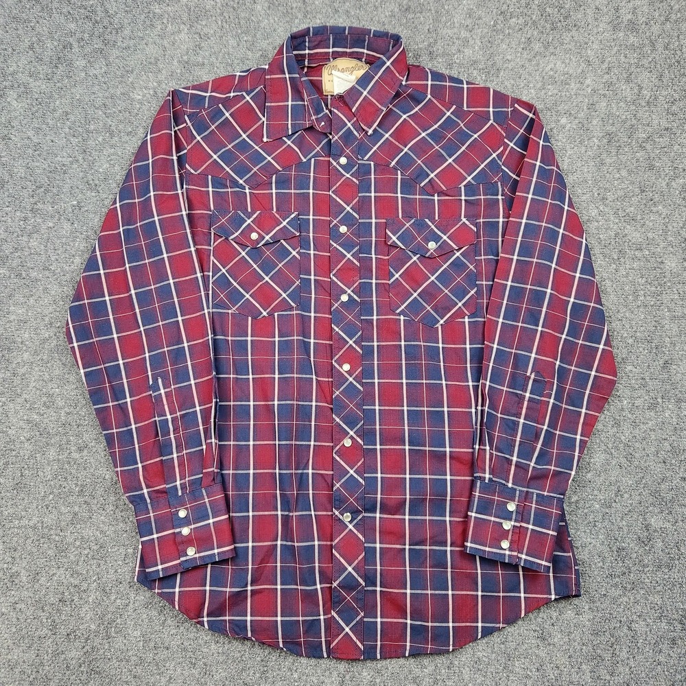 Wrangler Western Shirt‎ Mens Medium Red Blue Plaid Pearl Snap Cowboy Rodeo
